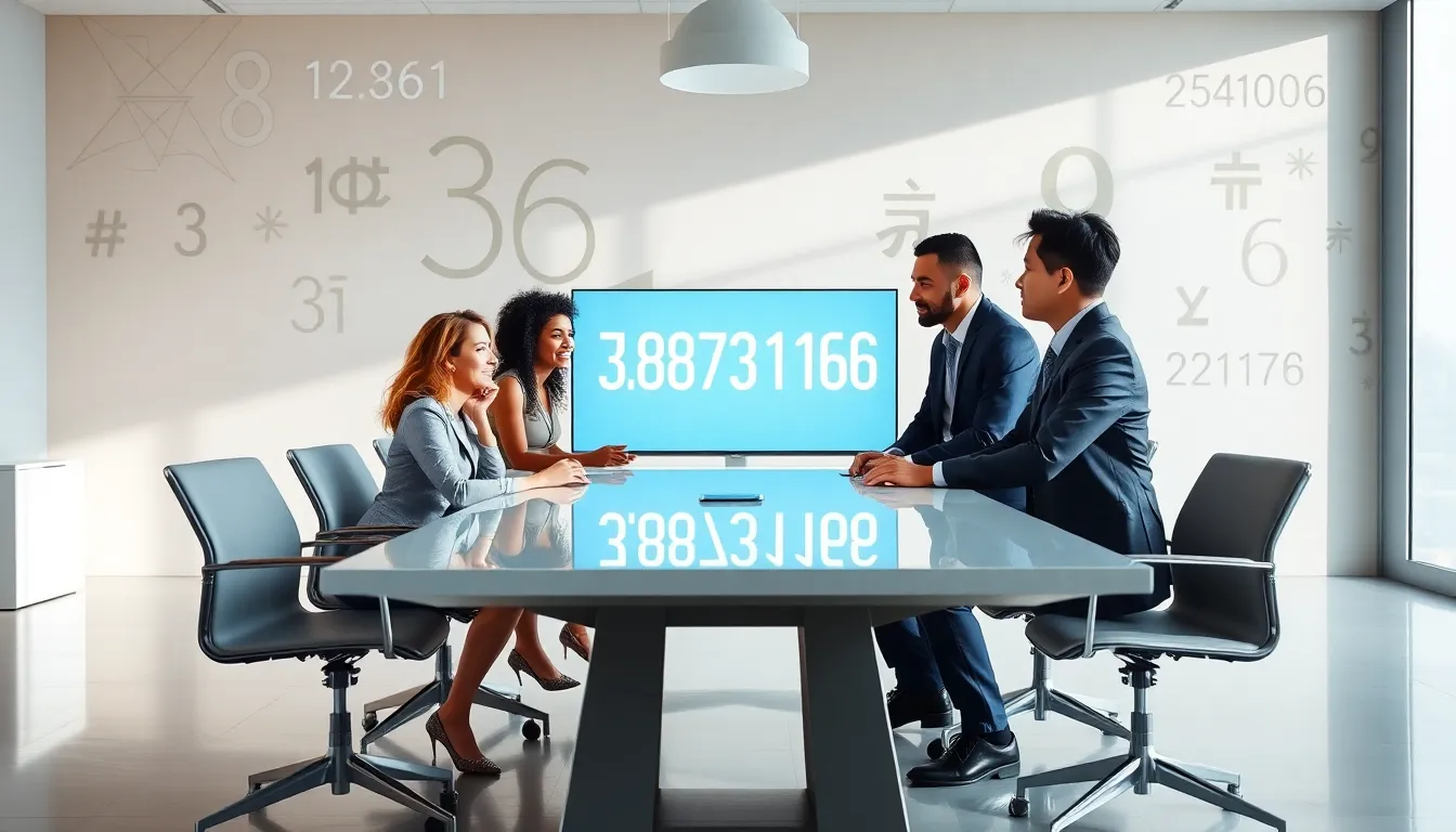 diverse professionals discussing the significance of a number in a modern office.